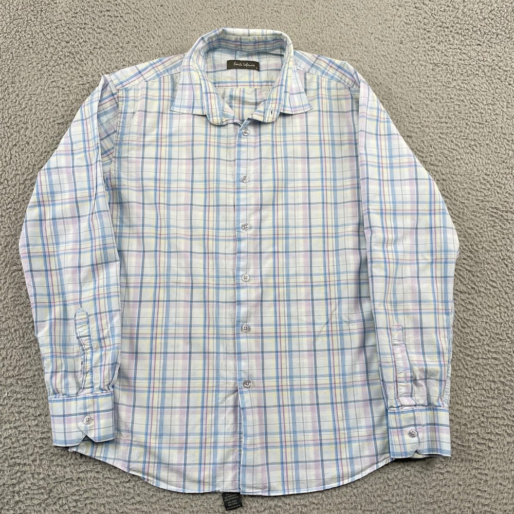 Emile Lafaurie Button Up Shirt Mens Large Blue Plaid Long Sleeve Cotton Portugal